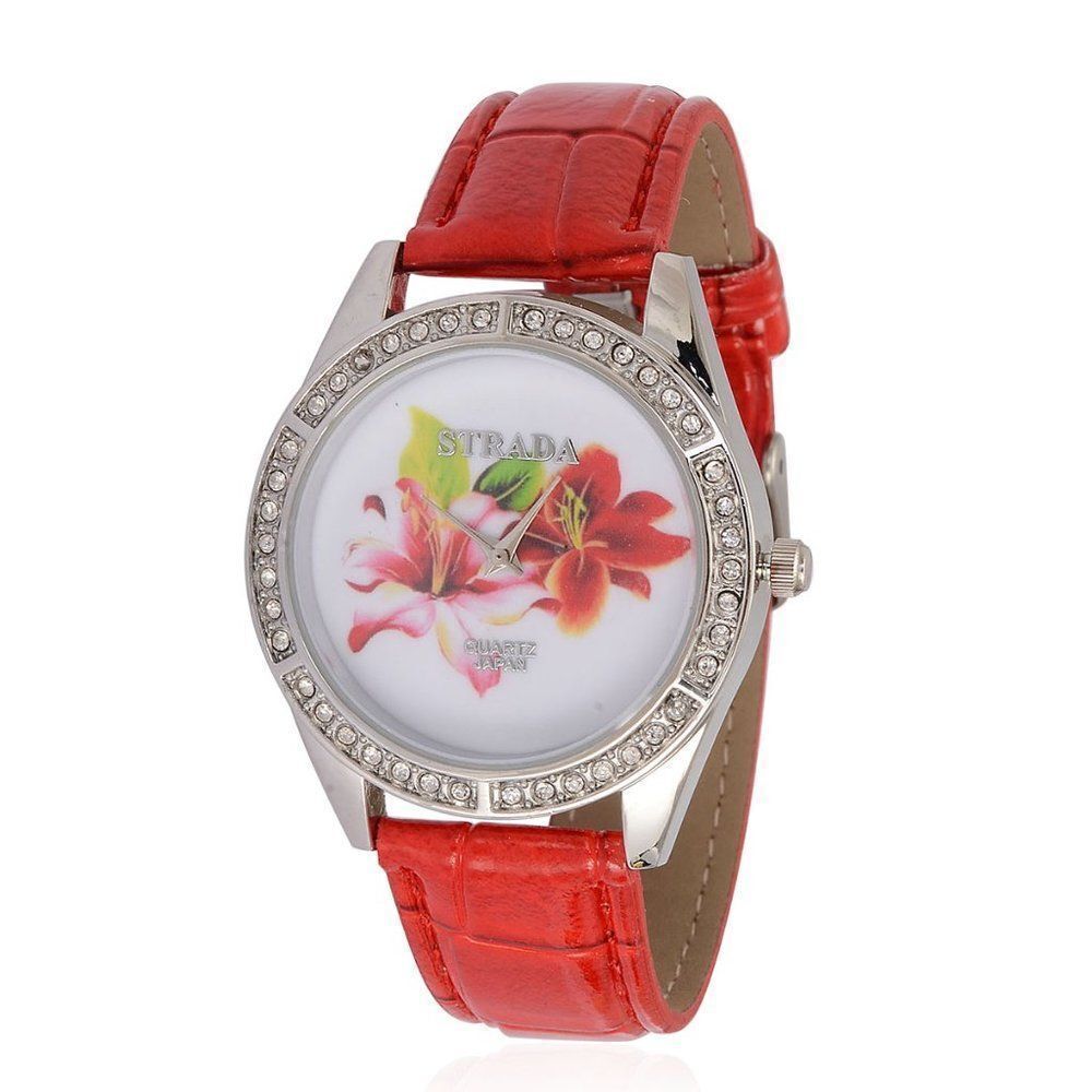STRADA Watch Austrian Crystal Red Faux Band